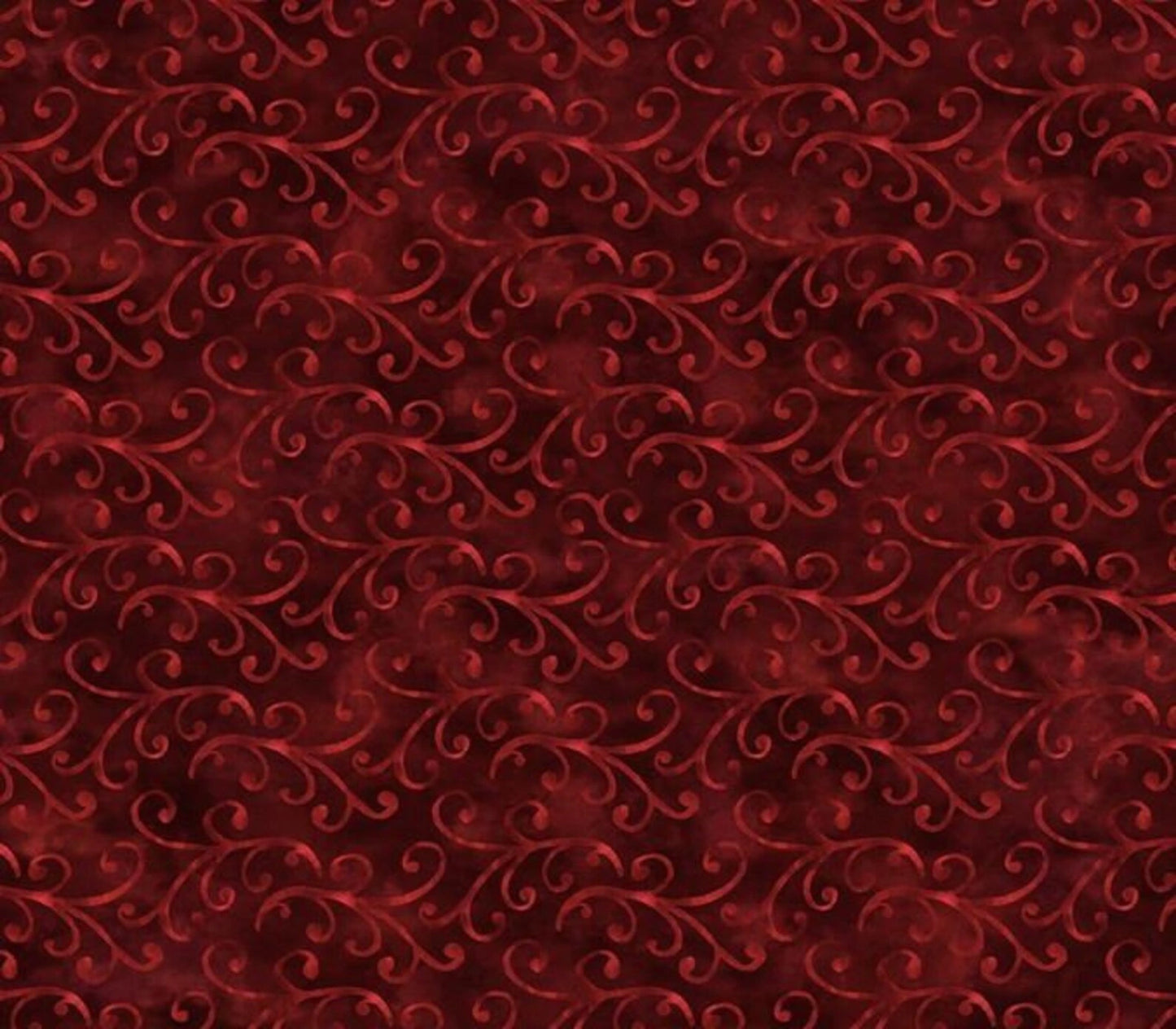 The New Snow Crimson Whisps of Wind Fabric Yardage features an elegant dark red patterned background with swirling vine-like designs, ideal for quilting projects seeking a rich, decorative texture.