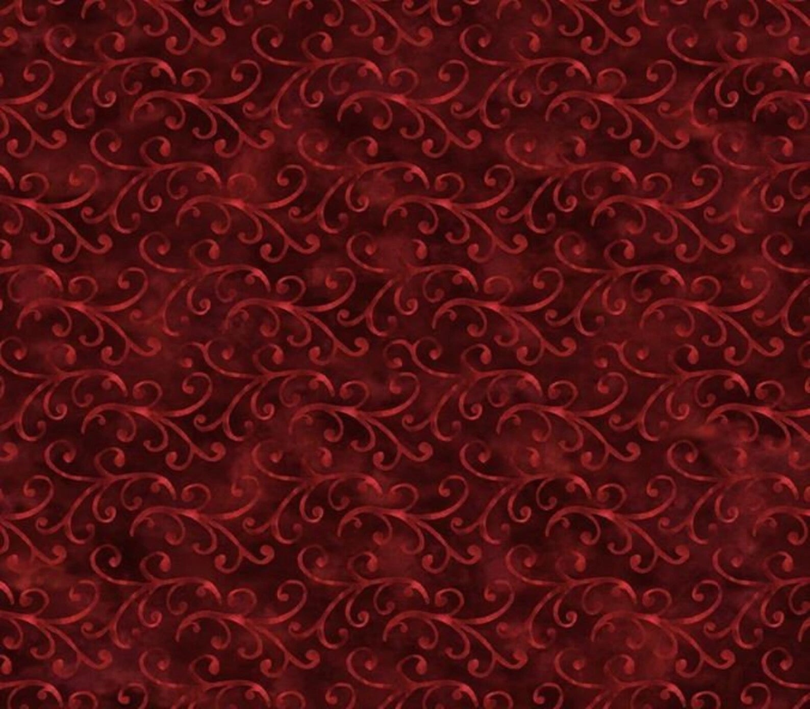 The New Snow Crimson Whisps of Wind Fabric Yardage features an elegant dark red patterned background with swirling vine-like designs, ideal for quilting projects seeking a rich, decorative texture.