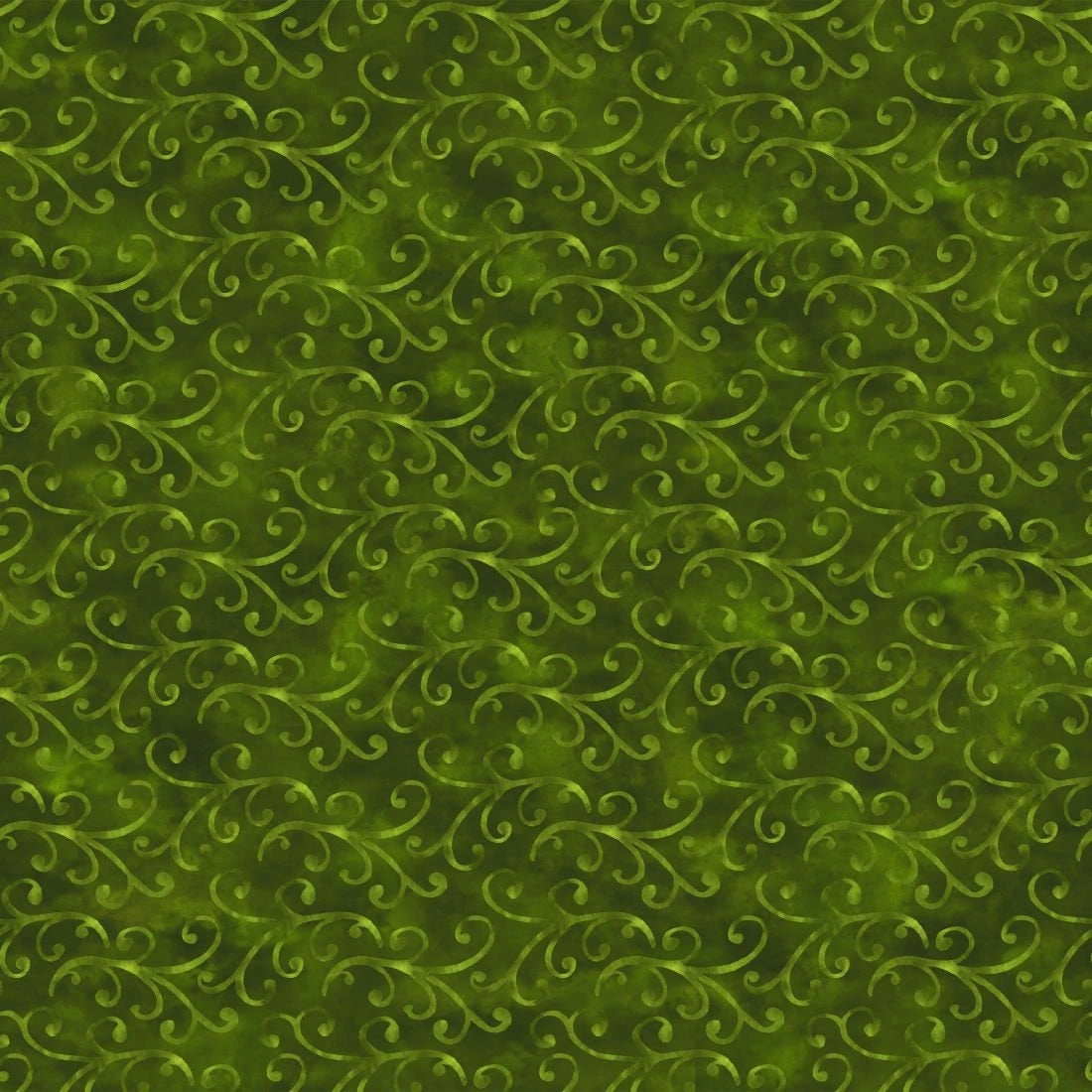 New Snow Green Whisps of Wind Fabric Yardage features a seamless green pattern with swirling vine and leaf motifs on a textured background, ideal for quilting cotton or sewing projects. This lush, organic design evokes Jason Yenter's nature-inspired style.