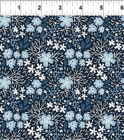 Whimsy Blue Midnight Daisies and Zinnias Fabric Yardage