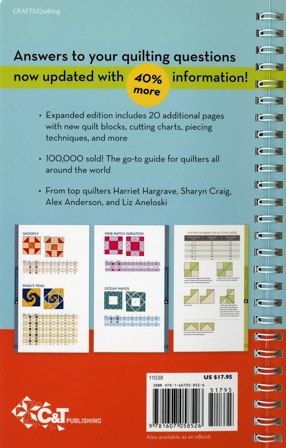 The back cover of Checker Distributor’s All-in-One Quilters Reference Tool Updated uses bold text and colorful banners to showcase 20 new pages, new quilt blocks, expert contributors, Quilter's Reference Tool tips, and small quilt pattern diagrams at the bottom.