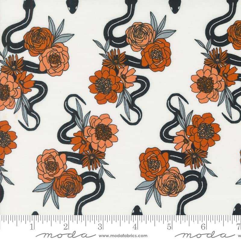 Noir White Snakes Flowers Fabric Yardage