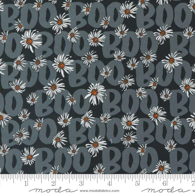 Noir Black Boo Text and Words Flower Fabric Yardage