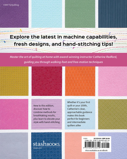 Back cover of "Modern Machine Quilting Second Edition" by Checker Distributor displays vibrant quilt patterns. Highlights include machine quilting features, fresh designs, and hand-stitching tips, with book details at the bottom.