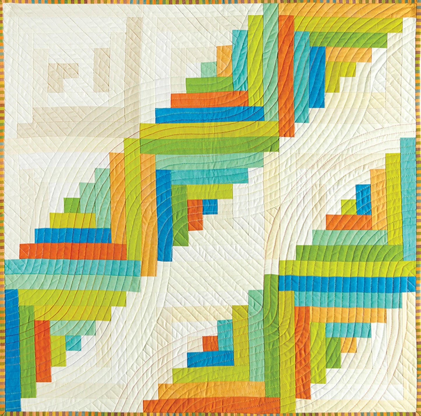 The Modern Machine Quilting Second Edition by Checker Distributor features a colorful quilt with geometric rectangles in blue, green, yellow, and orange on white, accented by curved free-motion quilting lines in a radiating circular pattern.