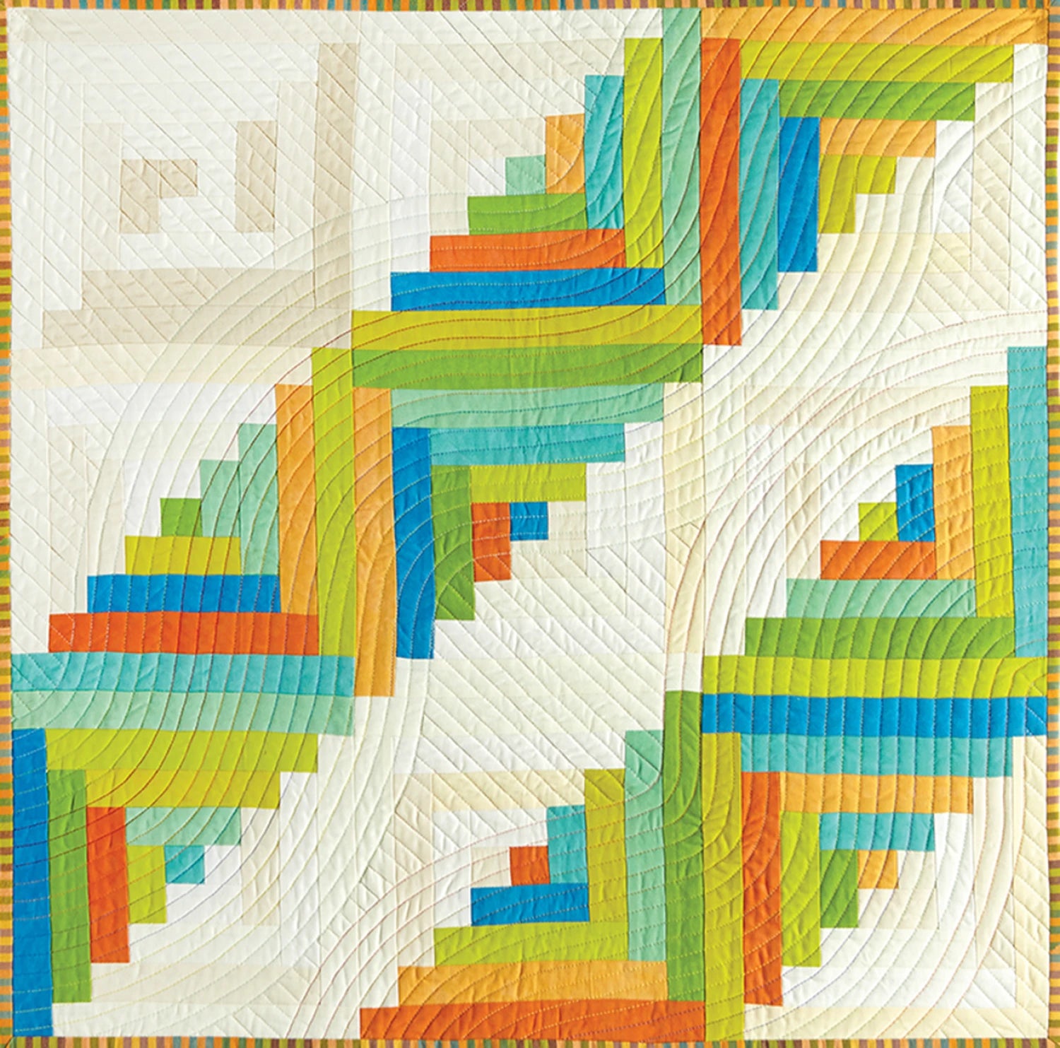 The Modern Machine Quilting Second Edition by Checker Distributor features a colorful quilt with geometric rectangles in blue, green, yellow, and orange on white, accented by curved free-motion quilting lines in a radiating circular pattern.