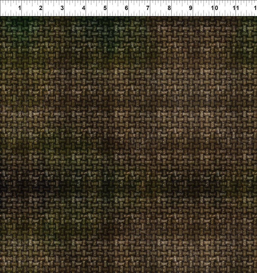 Close-up of Steampunk Menagerie Brown Weave Fabric Yardage from In the Beginning Fabrics, showing its grid-like texture and visible fibers. A white ruler marked 1-12 inches along the top edge provides scale for this vintage industrial cotton quilting fabric.