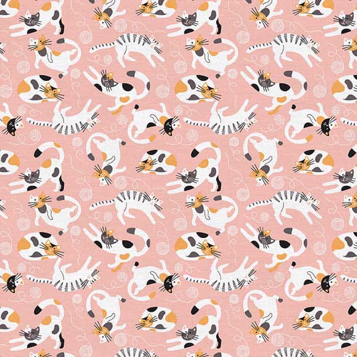 Tails and Whiskers Playing Cats Pink Fabric Yardage