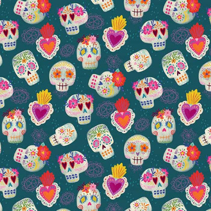 Dia De Muertos Sugar Skulls Teal Fabric Yardage