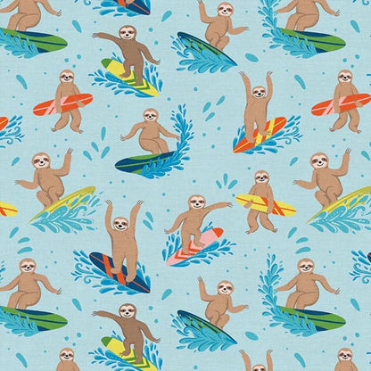 Fun in the Sun Surf's up Sloths Blue Fabric Yardage