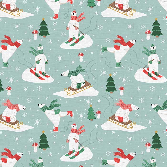 Polar Bear Lodge Blue Polar Bear Sledding Fabric Yardage