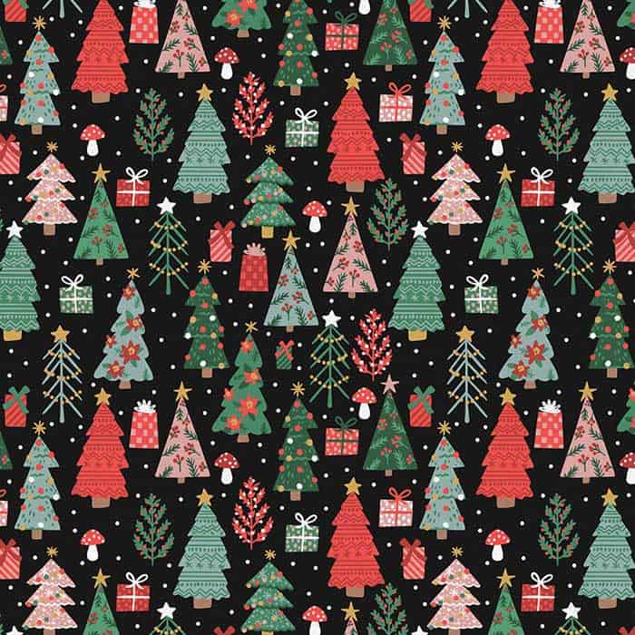 Polar Bear Lodge Black Christmas Trees Fabric Yardage