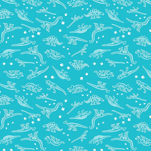 Mini Dino Skeletons Turquoise Fabric Yardage