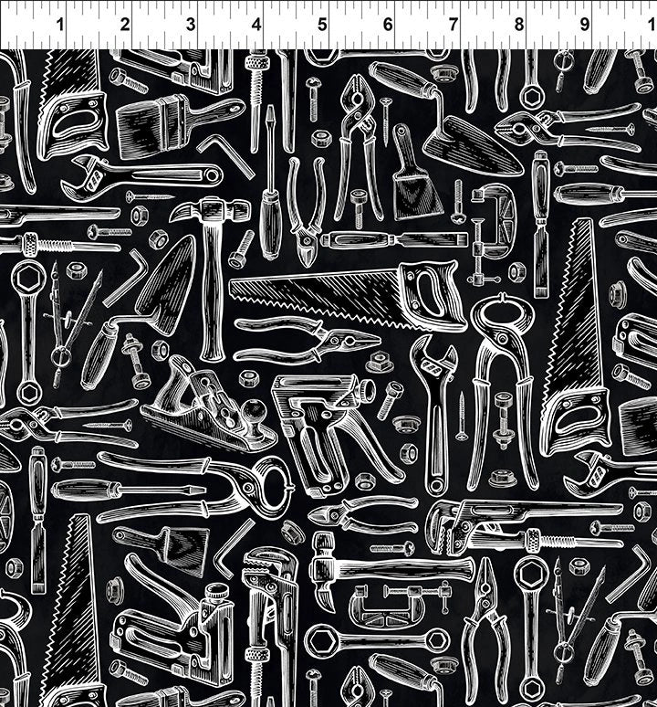 Sketchbook Prints black and white tools fabric yardage