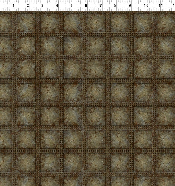 Steampunk Menagerie Gray Rivets Fabric Yardage by In the Beginning Fabrics features a repeating pattern of square, rusted metal plates with corner bolts and a ruler displaying inches 1–13—perfect for industrial-themed projects.