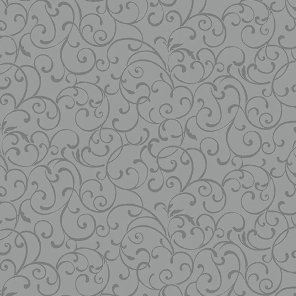 Gray background with a seamless pattern of dark gray swirling vines and leaves, creating an elegant baroque-inspired look—ideal for timeless projects like the Seasonal Scroll Grey Fabric Yardage.