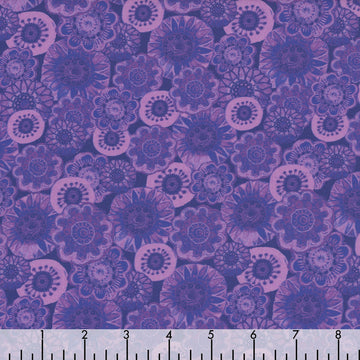 Sunshine Cats Dark Periwinkle Happy Flowers Fabric Yardage