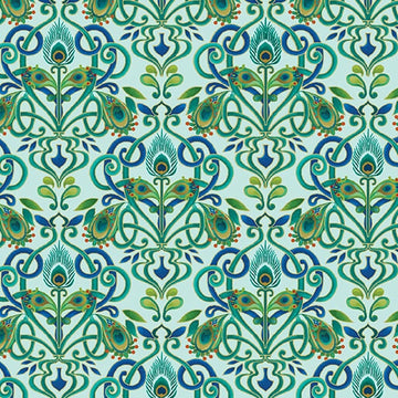 Peacock Symphony Feather Medallion Light Turquoise Fabric Yardage