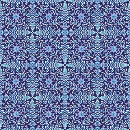 Medallion Indigo Fabric Yardage features an intricate seamless floral pattern with blue and light blue symmetrical designs on a dark indigo background, creating a decorative, tile-like effect reminiscent of classic medallion styles.