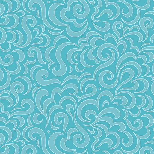 Elegance Aqua Fabric Yardage features a turquoise seamless pattern with white swirling, curly lines like abstract clouds or waves, evoking ornate filigree scrolls for a decorative Benartex-inspired look.