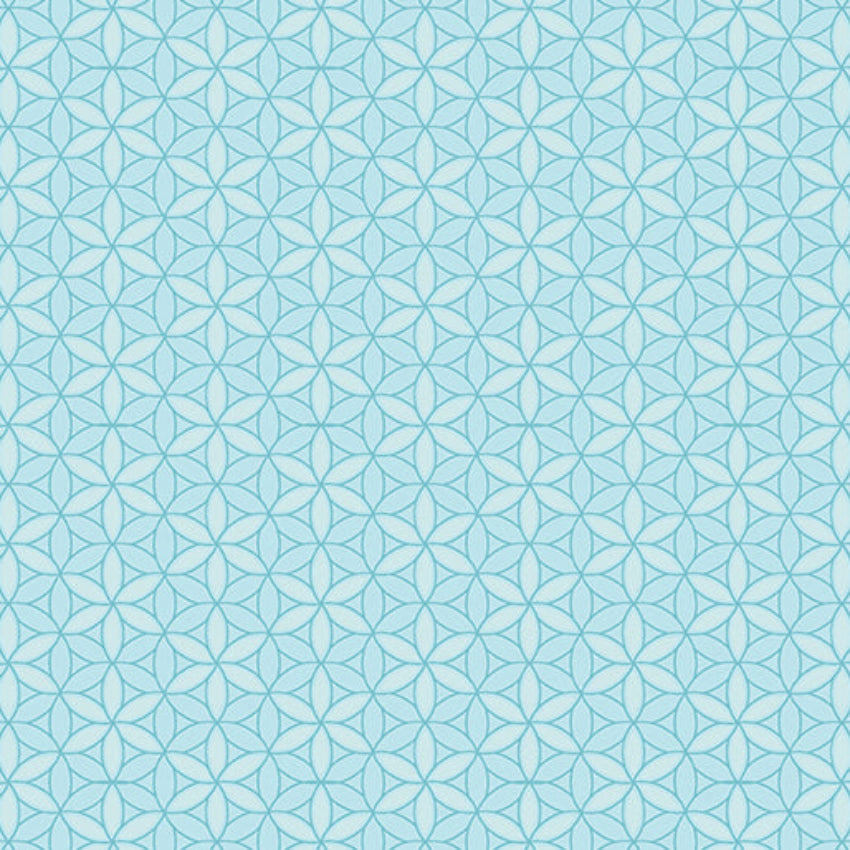 Lace Aqua Fabric Yardage by Benartex features a light blue geometric pattern with overlapping hexagons and star shapes, creating a symmetrical, lace-like textured background.
