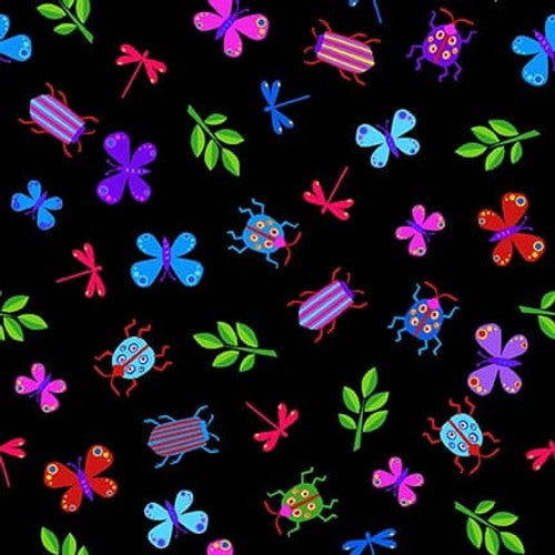 Cheerful and Colorful Black Tossed Insects Fabric Yardage