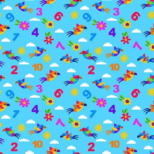 Cheerful and Colorful Cyan Birds and Numbers Fabric Yardage