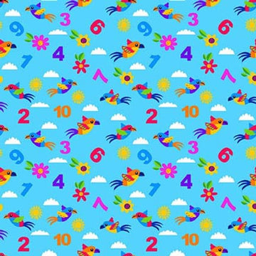 Cheerful and Colorful Cyan Birds and Numbers Fabric Yardage