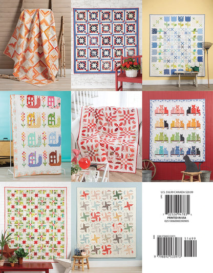 A vibrant collage of eight quilts with unique patterns and colors is displayed on walls and furniture, resembling a quilt book cover for "Scrap Quilting With Wendy Sheppard" by Checker Distributor, barcode and price in the bottom right.