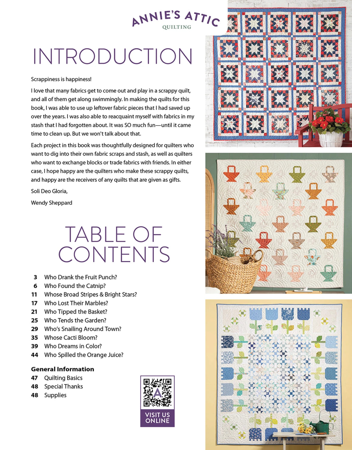 A magazine page for Checker Distributor’s Scrap Quilting With Wendy Sheppard introduces quilting, displays two vibrant patchwork quilts in Wendy Sheppard’s signature style, and features decorative text with floral accents.