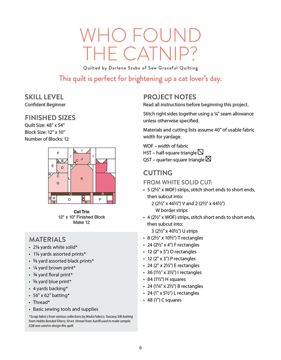 The Scrap Quilting With Wendy Sheppard page by Checker Distributor features a cat-themed quilt block diagram, skill level, sizes, materials list, cutting charts, and project notes—ideal for scrap quilting fans.