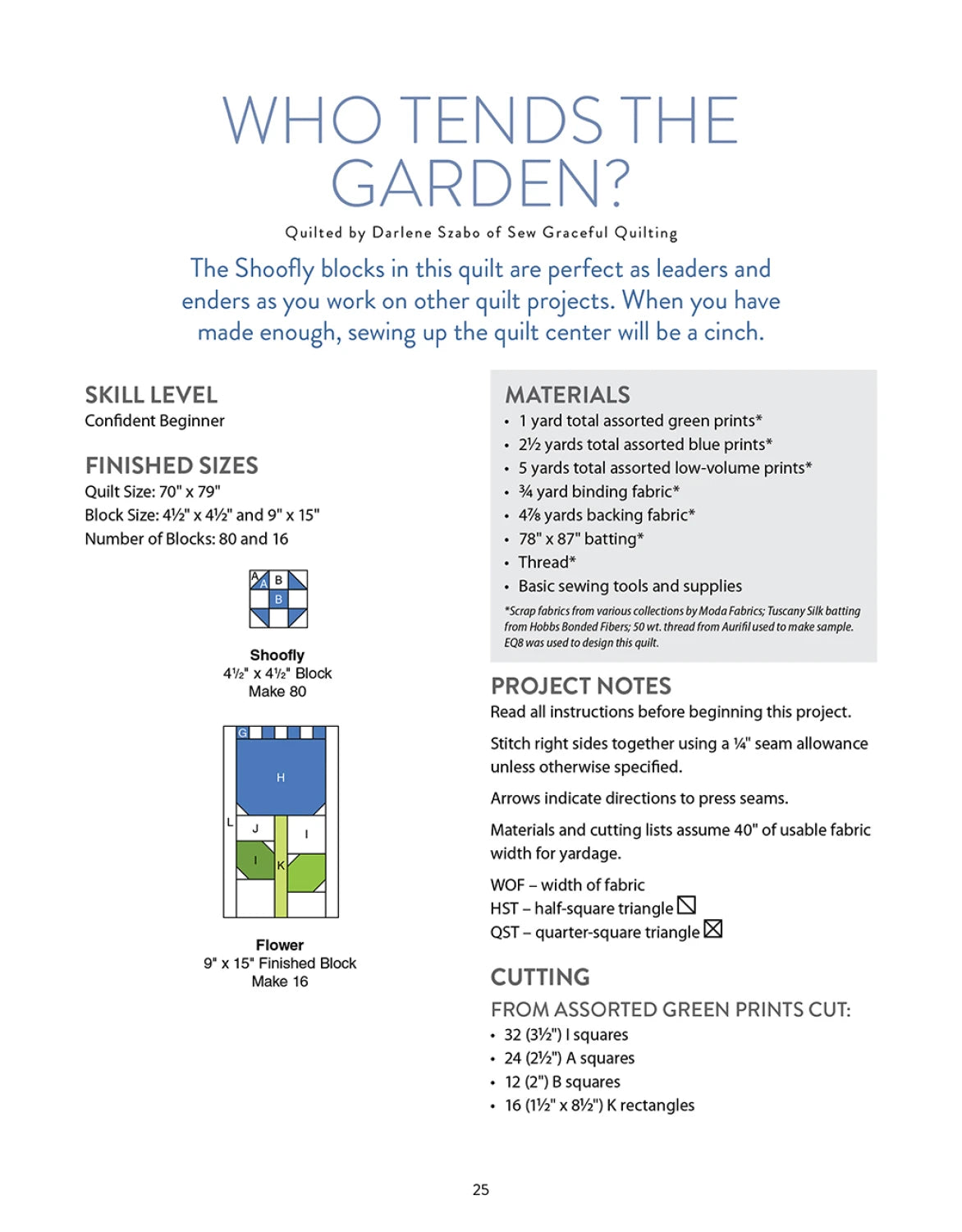Discover materials, sizes, diagrams, Shoofly and Flower block details, fabric cutting tips, and inspiration for the Who Tends the Garden? quilt in Scrap Quilting With Wendy Sheppard by Checker Distributor—ideal for scrap quilting projects.
