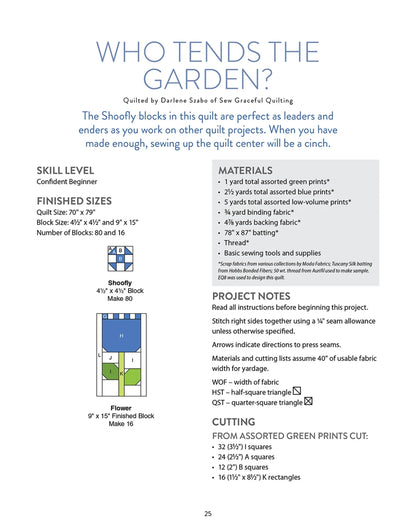 Discover materials, sizes, diagrams, Shoofly and Flower block details, fabric cutting tips, and inspiration for the Who Tends the Garden? quilt in Scrap Quilting With Wendy Sheppard by Checker Distributor—ideal for scrap quilting projects.