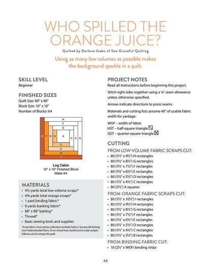 The "Who Spilled the Orange Juice?" pattern from Scrap Quilting With Wendy Sheppard by Checker Distributor includes scrap quilting instructions, finished sizes, materials, color quilt block diagram, and notes for fabric cutting and piecing.
