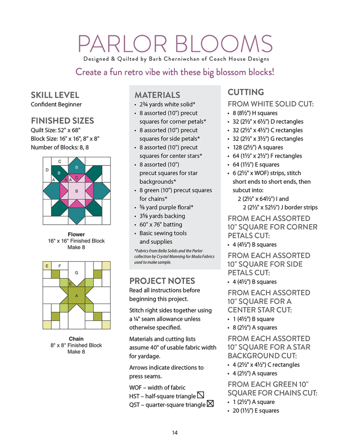 An instructional page from Checker Distributor’s "Creative Precut Quilts: Inspiring Designs With Fabric Bundles" featuring Parlor Blooms, with diagrams, materials (including fabric bundles), cutting guides, block sizes, and a sample block illustration.