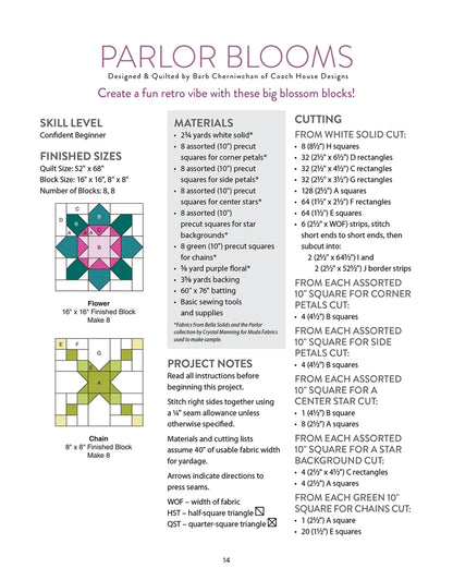 An instructional page from Checker Distributor’s "Creative Precut Quilts: Inspiring Designs With Fabric Bundles" featuring Parlor Blooms, with diagrams, materials (including fabric bundles), cutting guides, block sizes, and a sample block illustration.