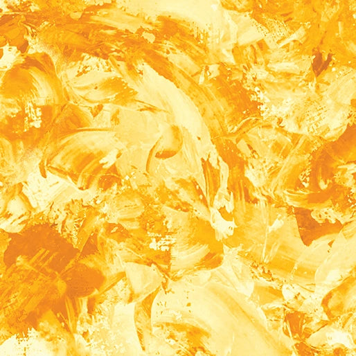 Benartex Paint Splash Marigold 108" Wide Quilt Backing Fabric features lively, swirling yellow and orange brushstrokes, evoking warmth and movement—perfect for adding a vibrant touch to your quilt backing.