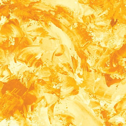 Benartex Paint Splash Marigold 108" Wide Quilt Backing Fabric features lively, swirling yellow and orange brushstrokes, evoking warmth and movement—perfect for adding a vibrant touch to your quilt backing.
