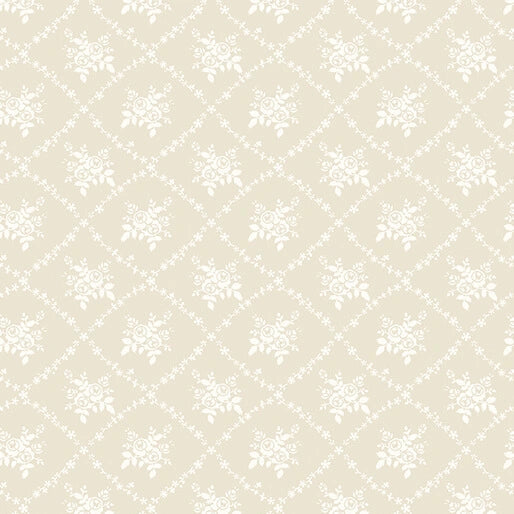 This seamless beige wallpaper features soft white floral bouquets in diamond patterns, inspired by Benartex's Classic Keepsakes Ecru Rose Trellis Fabric Yardage, for a subtle and vintage classic look.