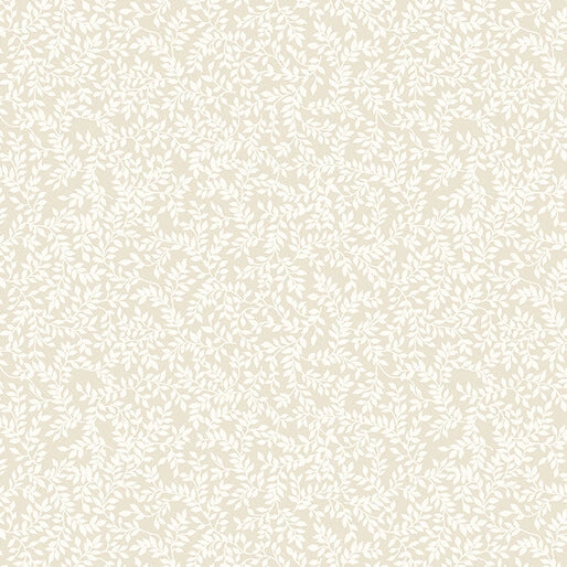 The Benartex Classic Keepsakes Ecru Mini Ferns Fabric Yardage features a seamless beige background with delicate white leafy vines, creating an elegant botanical motif—ideal for cotton fabric projects.
