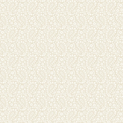 Benartex's Classic Keepsakes Ecru Paisley Floral Fabric Yardage features a delicate, repetitive white paisley pattern with floral and leaf motifs on soft 100% cotton—perfect for elegant, timeless projects and classic keepsakes.