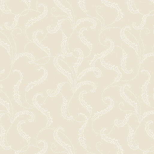 Classic Keepsakes Ecru Filigree Scroll Fabric Yardage by Benartex features a cream background with subtle white dotted filigree scrolls, offering an elegant and delicate decorative design reminiscent of classic style.