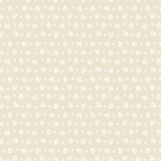 The Benartex Classic Keepsakes Ecru Little Flower Buds Fabric Yardage features a seamless beige background with delicate white flower buds, creating an elegant and subtle look for your fabric projects.