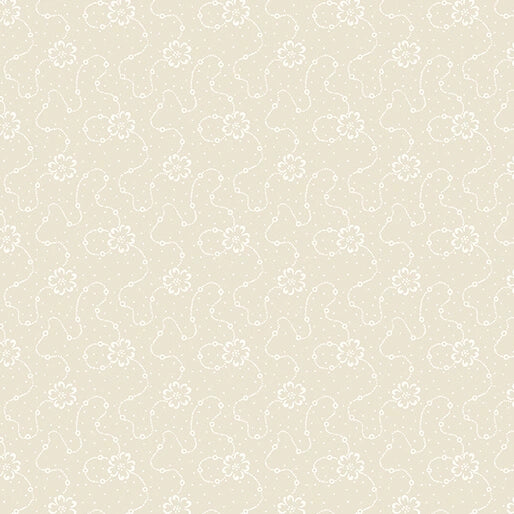 Benartex’s Classic Keepsakes Ecru Calico Floral Fabric Yardage features a beige background with soft white dots, curving lines, and simple floral motifs for a vintage-inspired look—ideal for cotton quilting and timeless projects.