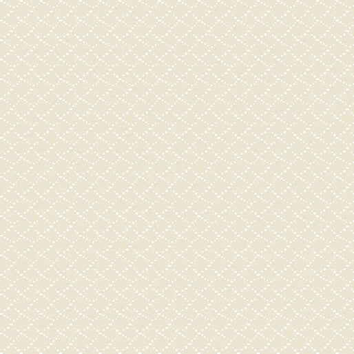 Benartex's Classic Keepsakes Ecru Criss Cross Dots Fabric Yardage features a soft beige cotton with delicate white criss-cross dots in repeating diamond patterns, creating a textured and timeless look ideal for classic projects.