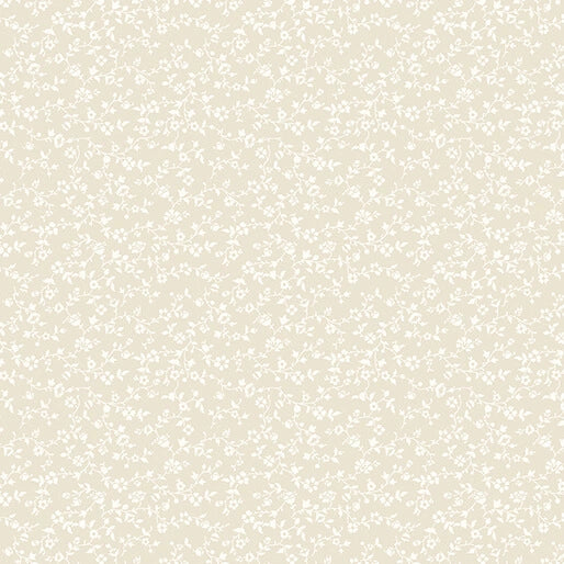 The Benartex Classic Keepsakes Ecru Vineyard Floral Fabric Yardage features a seamless beige background with delicate white flowers and leaves, crafted from 100% cotton for timeless elegance.