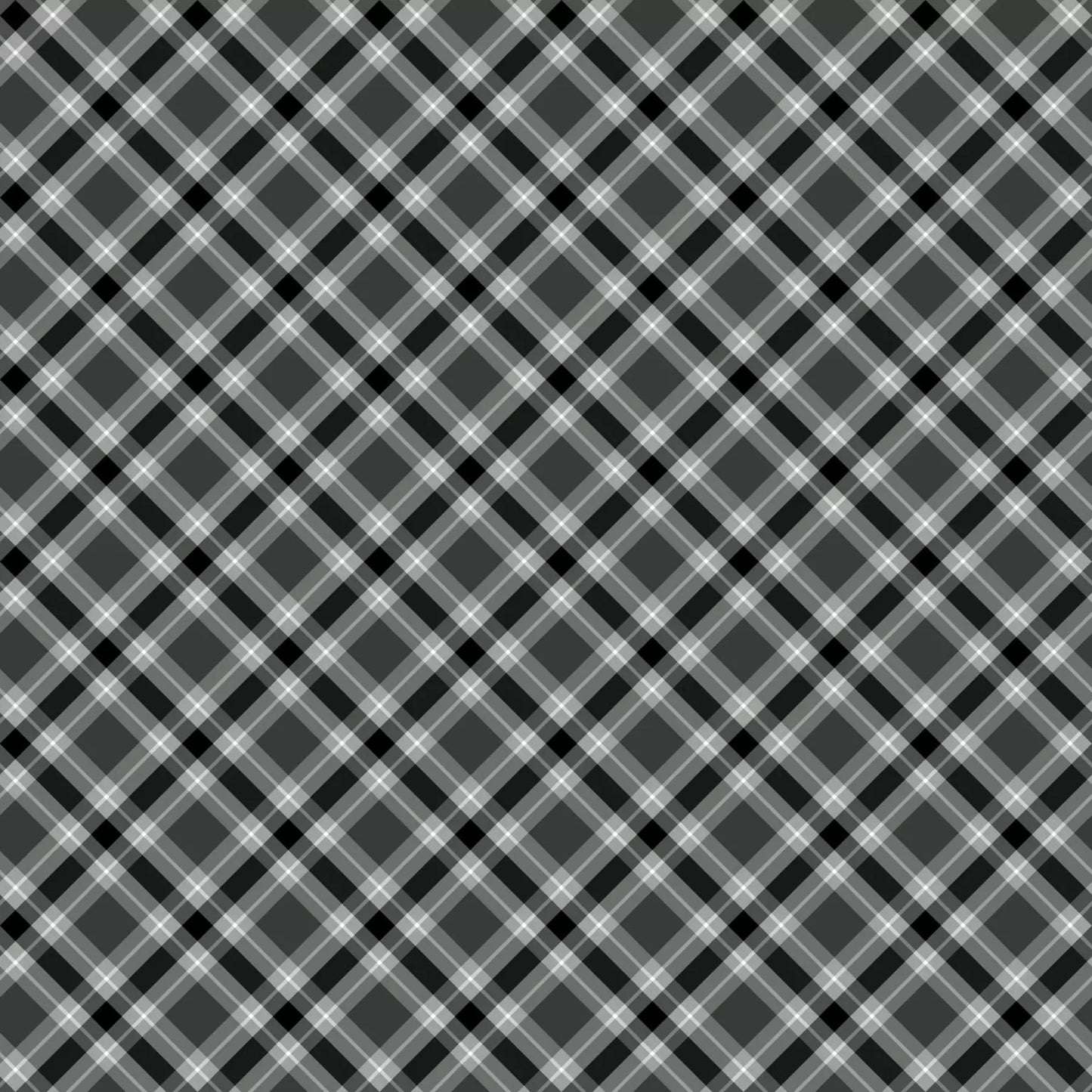 The Quilted Joy Bitty Back Pack Plaid Grey 55" x 108" wide quilt fabric features a seamless grey plaid with black, white, and gray diagonal lines and diamond shapes—ideal for quilting or wide fabric projects.