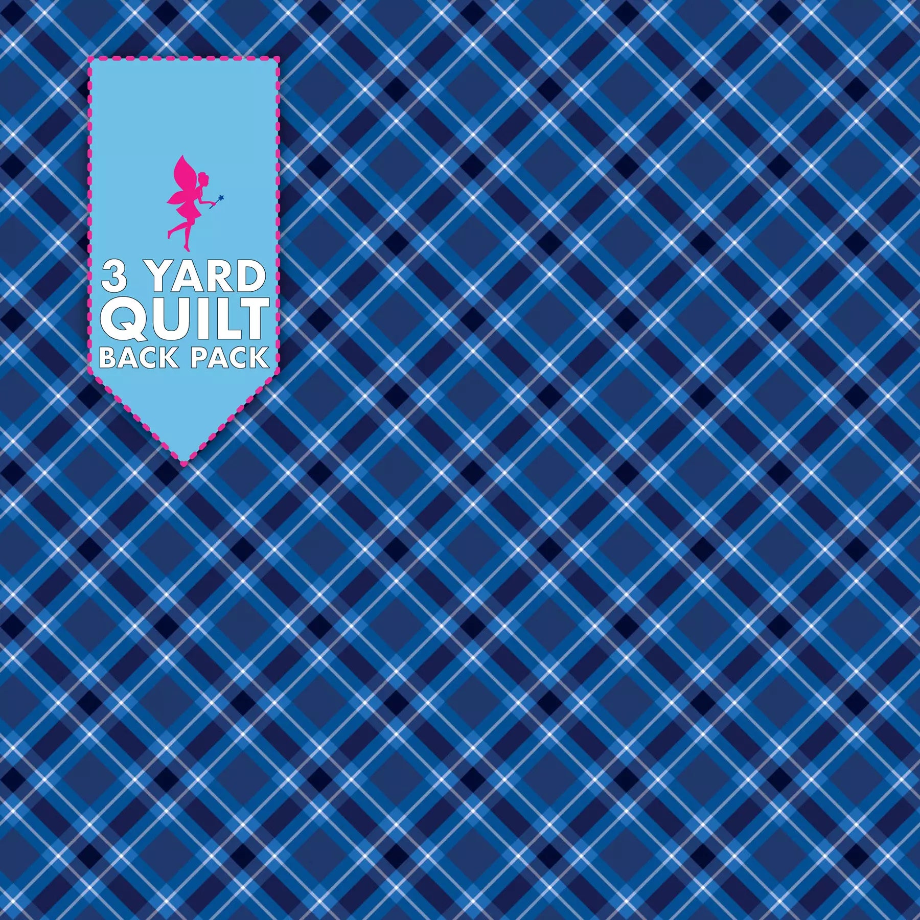 Blue plaid navy fabric with a label in the top left corner reading “3 Yard Quilt Back Pack” and a fairy silhouette, featuring the Plaid Navy 108" Wide Quilt Backing Fabric—ideal for wide quilt projects.