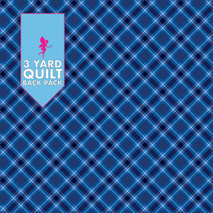 Blue plaid navy fabric with a label in the top left corner reading “3 Yard Quilt Back Pack” and a fairy silhouette, featuring the Plaid Navy 108" Wide Quilt Backing Fabric—ideal for wide quilt projects.