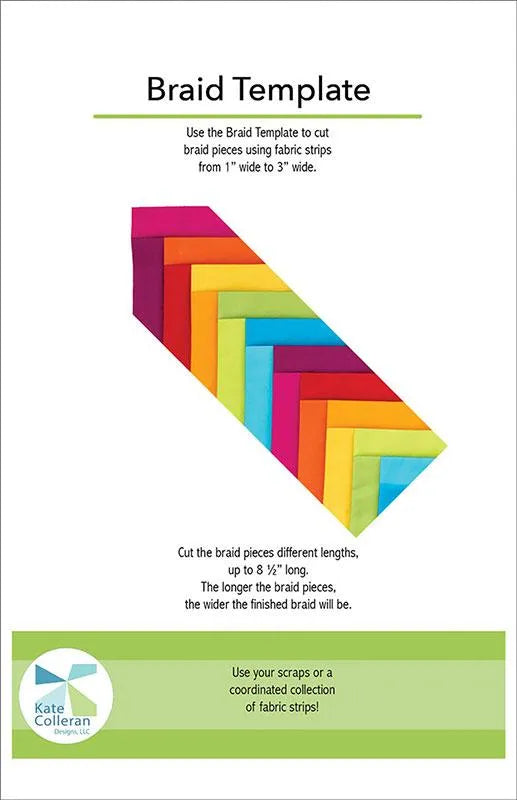 The United Notions Braid Template uses 1" to 3" strips; instructions and a colorful illustration show how to cut and overlap fabric strips for braids in different widths and lengths.